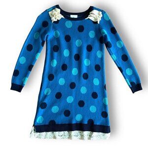 Hanna Andersson Girls Sweater Dress Sz 130 8 Blue Polka Dot Knit Ruffles Lace